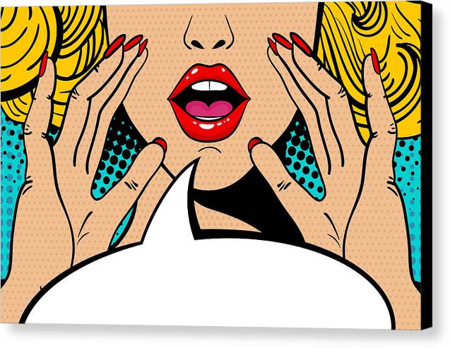 Seksowna, zaskoczona blondynka w stylu pop-art z otwartymi ustami i unoszącymi się rękami, krzycząca „zapowiedź”. Tło wektorowe w stylu komiksowym retro pop-art. Zaproszenie na imprezę. - Wydruk na płótnie