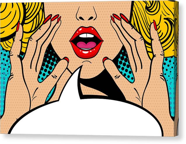 Seksowna, zaskoczona blondynka w stylu pop-art z otwartymi ustami i unoszącymi się rękami, krzycząca „zapowiedź”. Tło wektorowe w stylu komiksowym retro pop-art. Zaproszenie na imprezę. - Wydruk na płótnie