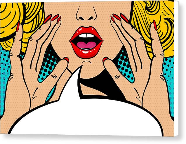 Seksowna, zaskoczona blondynka w stylu pop-art z otwartymi ustami i unoszącymi się rękami, krzycząca „zapowiedź”. Tło wektorowe w stylu komiksowym retro pop-art. Zaproszenie na imprezę. - Wydruk na płótnie