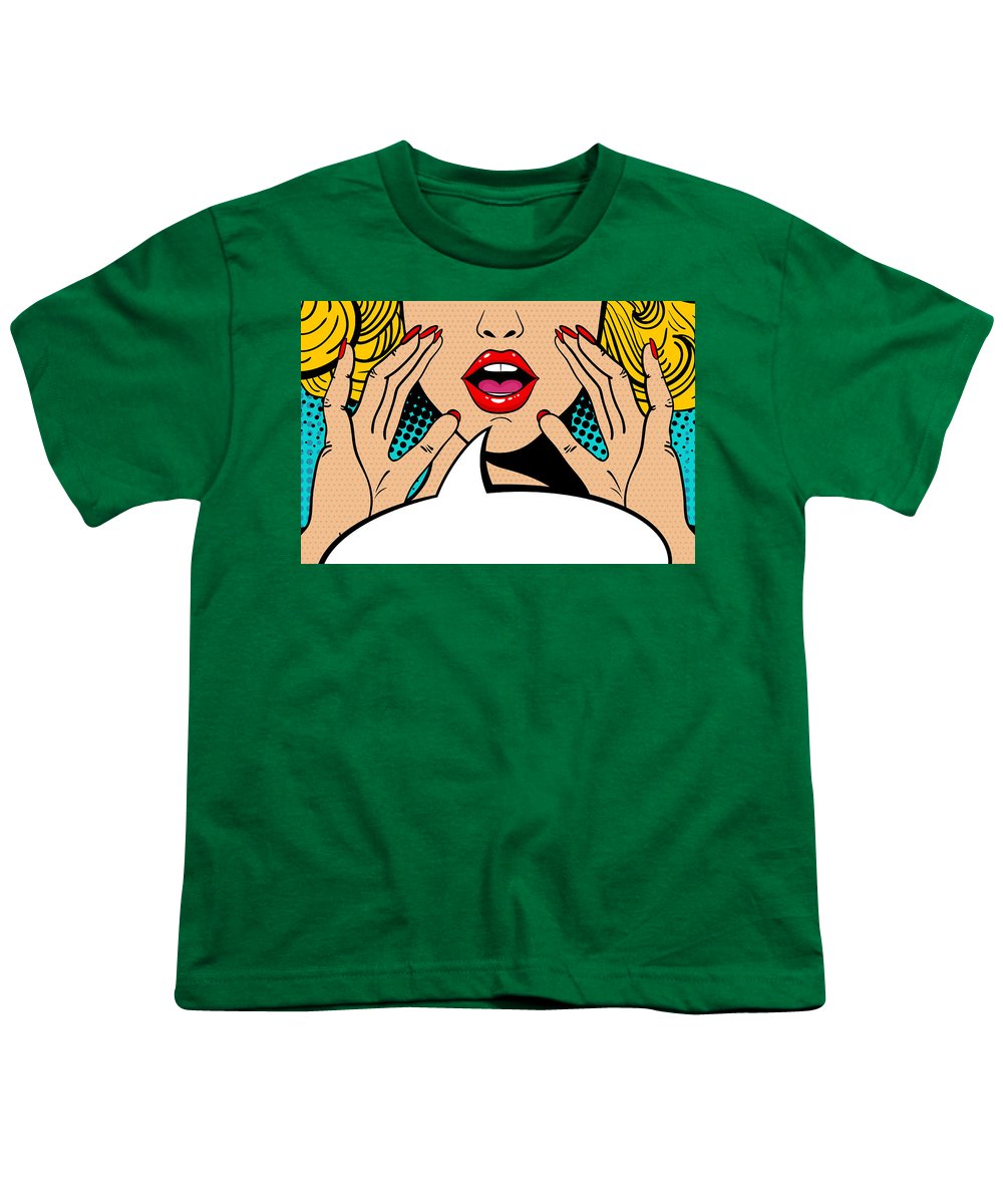 Seksowna, zaskoczona blondynka w stylu pop-art z otwartymi ustami i unoszącymi się rękami, krzycząca „zapowiedź”. Tło wektorowe w stylu komiksowym retro pop-art. Zaproszenie na imprezę. - Koszulka młodzieżowa.