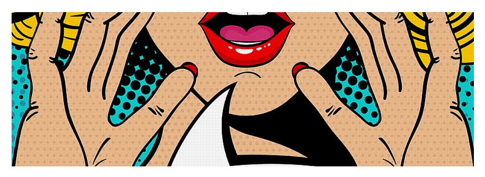 Seksowna, zaskoczona blondynka w stylu pop-art z otwartymi ustami i unoszącymi się rękami, krzycząca „zapowiedź”. Tło wektorowe w stylu komiksowym retro pop-art. Zaproszenie na imprezę. - Mata do jogi