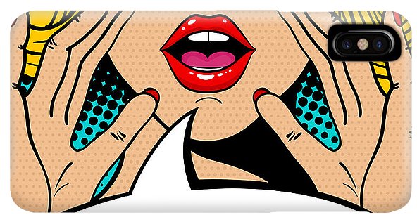 Seksowna, zaskoczona blondynka w stylu pop-art z otwartymi ustami i unoszącymi się rękami, krzycząca „zapowiedź”. Tło wektorowe w stylu komiksowym retro pop-art. Zaproszenie na imprezę. - Etui na telefon