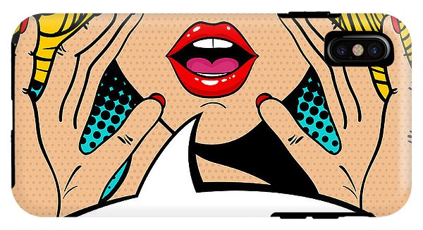 Seksowna, zaskoczona blondynka w stylu pop-art z otwartymi ustami i unoszącymi się rękami, krzycząca „zapowiedź”. Tło wektorowe w stylu komiksowym retro pop-art. Zaproszenie na imprezę. - Etui na telefon