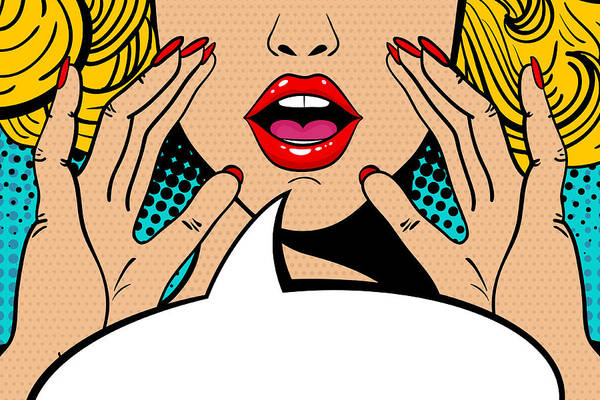 Seksowna, zaskoczona blondynka w stylu pop-art z otwartymi ustami i unoszącymi się rękami, krzycząca „zapowiedź”. Tło wektorowe w stylu komiksowym retro pop-art. Zaproszenie na imprezę. - Wydruk artystyczny