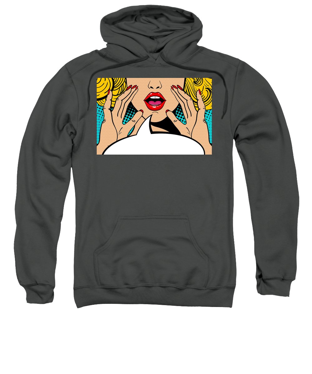 Seksowna, zaskoczona blondynka w stylu pop-art z otwartymi ustami i unoszącymi się rękami, krzycząca „zapowiedź”. Tło wektorowe w stylu komiksowym retro pop-art. Zaproszenie na imprezę. - Bluza.