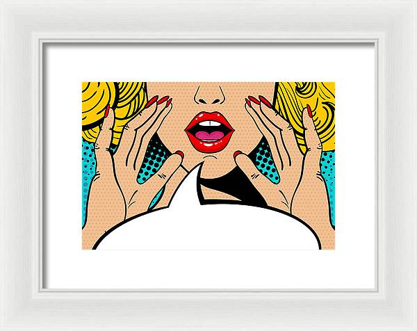 Seksowna, zaskoczona blondynka w stylu pop-art z otwartymi ustami i unoszącymi się rękami, krzycząca „zapowiedź”. Tło wektorowe w stylu komiksowym retro pop-art. Zaproszenie na imprezę. - Oprawiony wydruk.