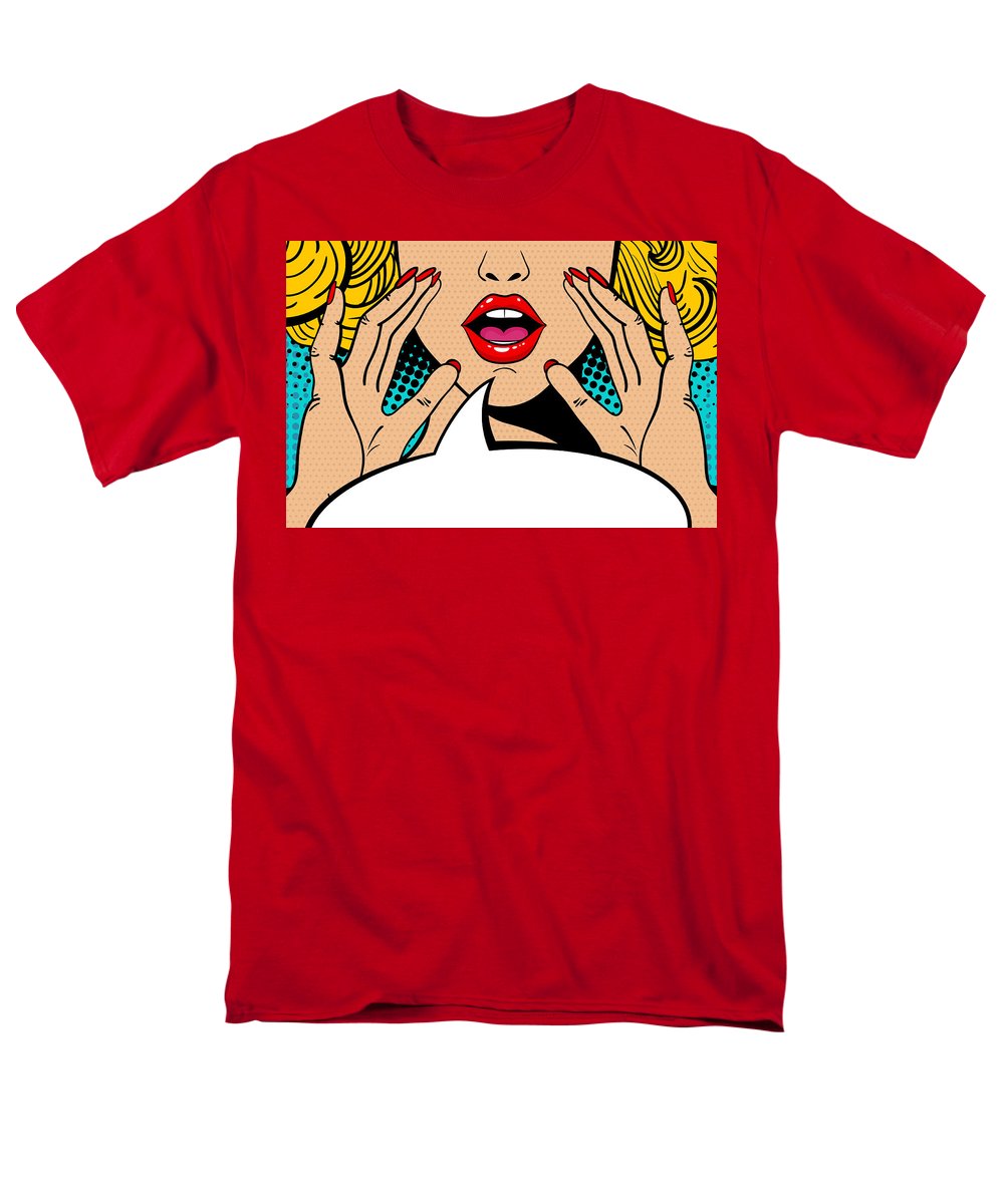 Seksowna, zaskoczona blondynka w stylu pop-art z otwartymi ustami i unoszącymi się rękami, krzycząca „zapowiedź”. Tło wektorowe w stylu komiksowym retro pop-art. Zaproszenie na imprezę. - Męski T-shirt (regularny krój)