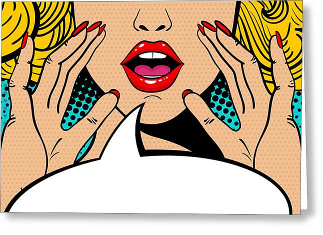 Seksowna, zaskoczona blondynka w stylu pop-art z otwartymi ustami i unoszącymi się rękami, krzycząca „zapowiedź”. Tło wektorowe w stylu komiksowym retro pop-art. Zaproszenie na imprezę. - Kartka okolicznościowa.