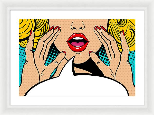 Seksowna, zaskoczona blondynka w stylu pop-art z otwartymi ustami i unoszącymi się rękami, krzycząca „zapowiedź”. Tło wektorowe w stylu komiksowym retro pop-art. Zaproszenie na imprezę. - Oprawiony wydruk.
