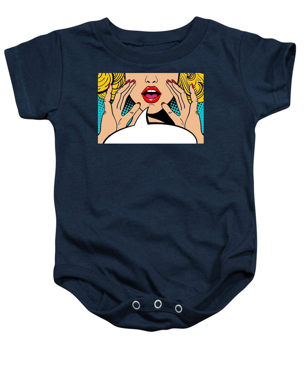 Seksowna, zaskoczona blondynka w stylu pop-art z otwartymi ustami i unoszącymi się rękami, krzycząca „zapowiedź”. Tło wektorowe w stylu komiksowym retro pop-art. Zaproszenie na imprezę. - Body niemowlęce