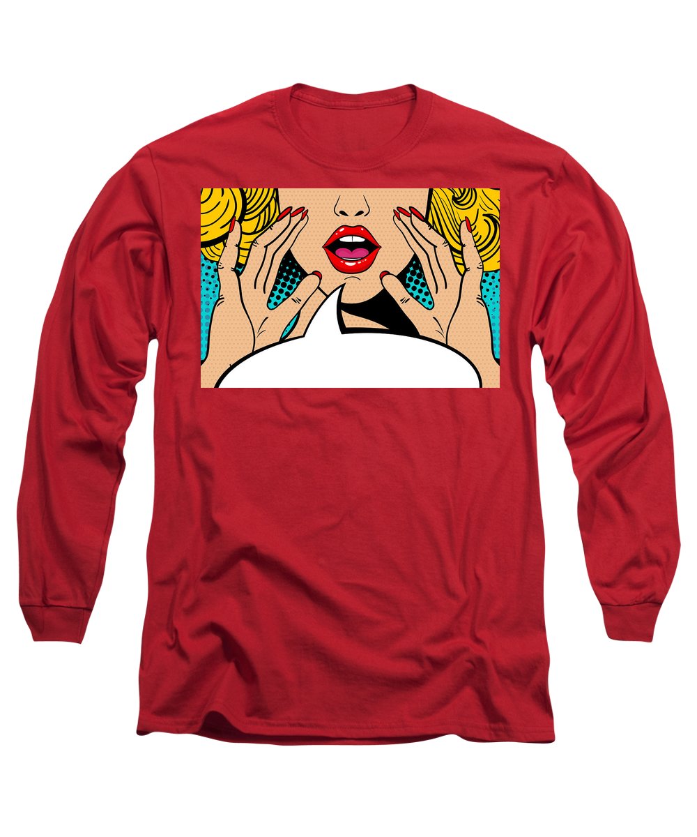 Seksowna, zaskoczona blondynka w stylu pop-art z otwartymi ustami i unoszącymi się rękami, krzycząca „zapowiedź”. Tło wektorowe w stylu komiksowym retro pop-art. Zaproszenie na imprezę. - Koszulka z długim rękawem.