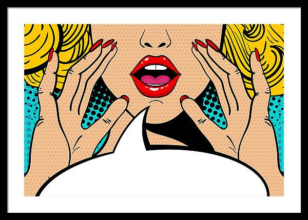 Seksowna, zaskoczona blondynka w stylu pop-art z otwartymi ustami i unoszącymi się rękami, krzycząca „zapowiedź”. Tło wektorowe w stylu komiksowym retro pop-art. Zaproszenie na imprezę. - Oprawiony wydruk.