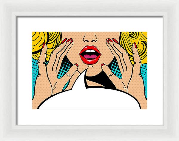 Seksowna, zaskoczona blondynka w stylu pop-art z otwartymi ustami i unoszącymi się rękami, krzycząca „zapowiedź”. Tło wektorowe w stylu komiksowym retro pop-art. Zaproszenie na imprezę. - Oprawiony wydruk.