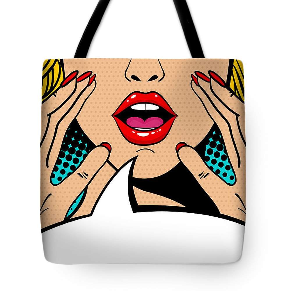 Seksowna, zaskoczona blondynka w stylu pop-art z otwartymi ustami i unoszącymi się rękami, krzycząca „zapowiedź”. Tło wektorowe w stylu komiksowym retro pop-art. Zaproszenie na imprezę. - Torba.