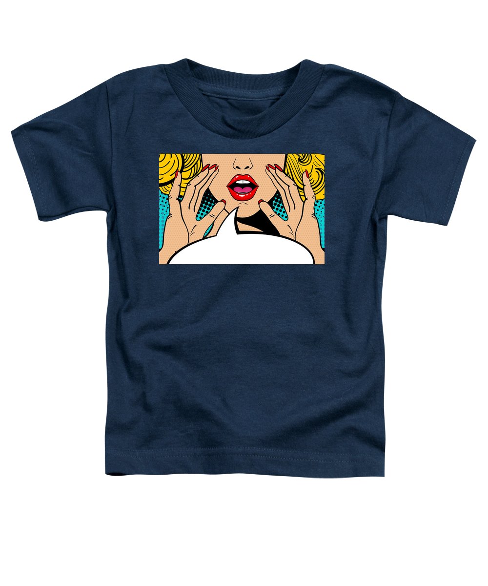 Seksowna, zaskoczona blondynka w stylu pop-art z otwartymi ustami i unoszącymi się rękami, krzycząca „zapowiedź”. Tło wektorowe w stylu komiksowym retro pop-art. Zaproszenie na imprezę. - Koszulka dla malucha.