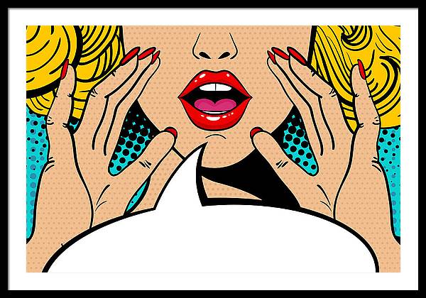 Seksowna, zaskoczona blondynka w stylu pop-art z otwartymi ustami i unoszącymi się rękami, krzycząca „zapowiedź”. Tło wektorowe w stylu komiksowym retro pop-art. Zaproszenie na imprezę. - Oprawiony wydruk.
