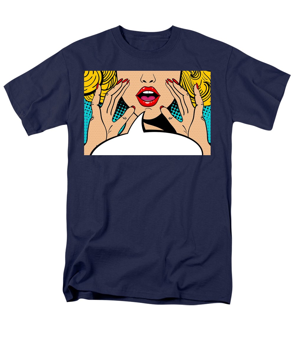 Seksowna, zaskoczona blondynka w stylu pop-art z otwartymi ustami i unoszącymi się rękami, krzycząca „zapowiedź”. Tło wektorowe w stylu komiksowym retro pop-art. Zaproszenie na imprezę. - Męski T-shirt (regularny krój)
