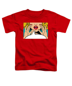 Seksowna, zaskoczona blondynka w stylu pop-art z otwartymi ustami i unoszącymi się rękami, krzycząca „zapowiedź”. Tło wektorowe w stylu komiksowym retro pop-art. Zaproszenie na imprezę. - Koszulka dla malucha.