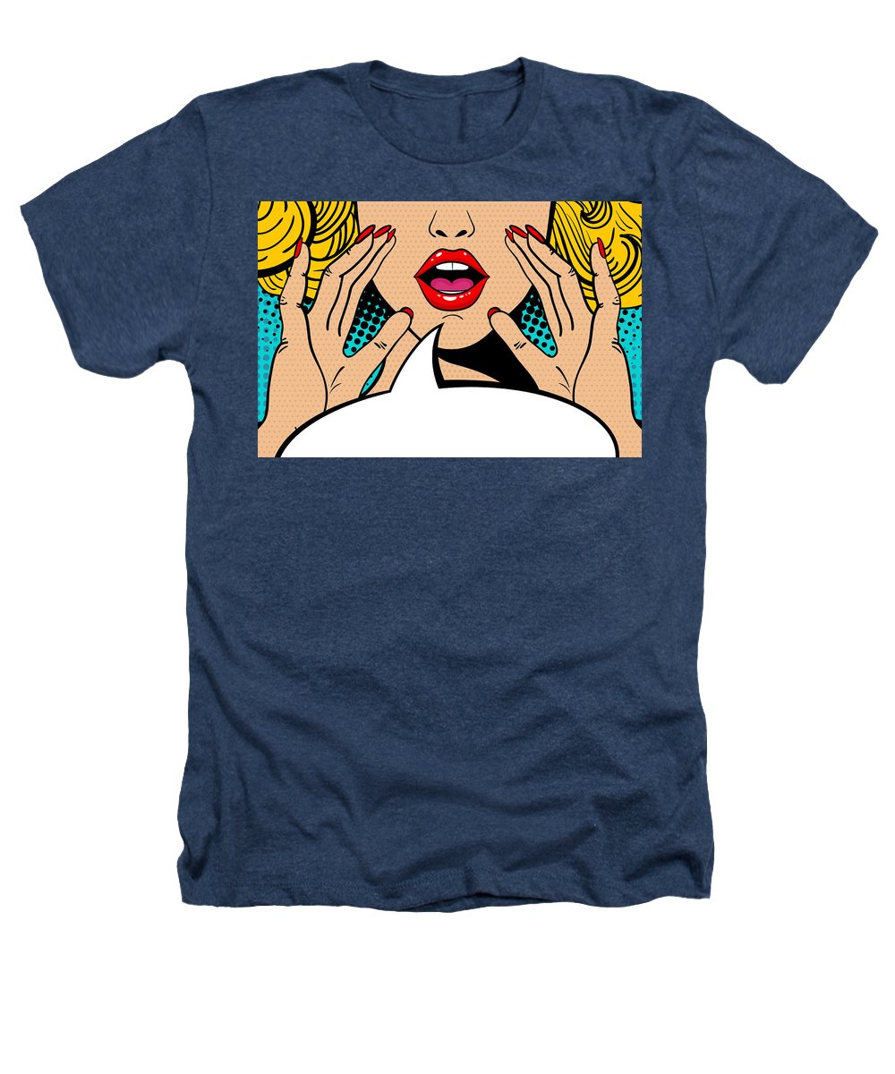 Seksowna, zaskoczona blondynka w stylu pop-art z otwartymi ustami i unoszącymi się rękami, krzycząca „zapowiedź”. Tło wektorowe w stylu komiksowym retro pop-art. Zaproszenie na imprezę. - Koszulka Heathers