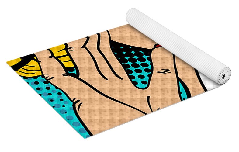 Seksowna, zaskoczona blondynka w stylu pop-art z otwartymi ustami i unoszącymi się rękami, krzycząca „zapowiedź”. Tło wektorowe w stylu komiksowym retro pop-art. Zaproszenie na imprezę. - Mata do jogi