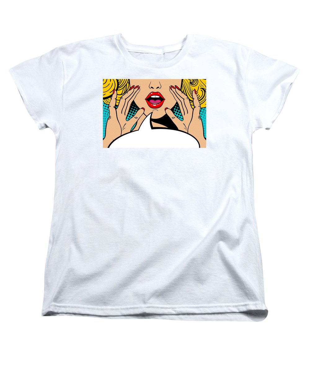 Seksowna, zaskoczona blondynka w stylu pop-art z otwartymi ustami i unoszącymi się rękami, krzycząca „zapowiedź”. Tło wektorowe w stylu komiksowym retro pop-art. Zaproszenie na imprezę. - Koszulka damska (standardowy krój)