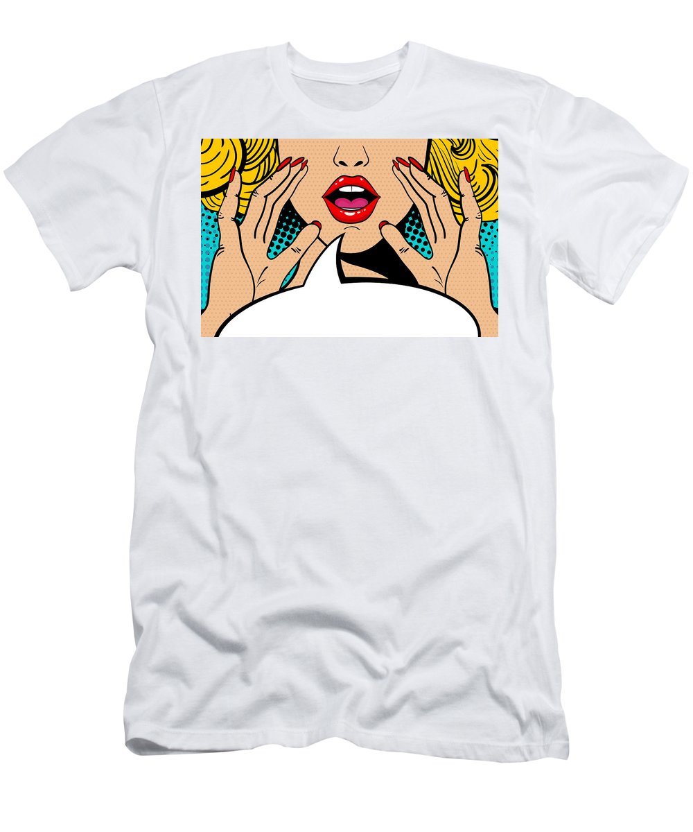 Seksowna, zaskoczona blondynka w stylu pop-art z otwartymi ustami i unoszącymi się rękami, krzycząca „zapowiedź”. Tło wektorowe w stylu komiksowym retro pop-art. Zaproszenie na imprezę. - Koszulka.