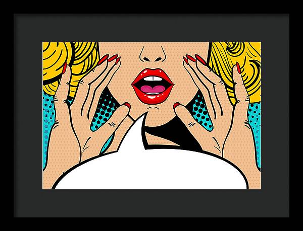 Seksowna, zaskoczona blondynka w stylu pop-art z otwartymi ustami i unoszącymi się rękami, krzycząca „zapowiedź”. Tło wektorowe w stylu komiksowym retro pop-art. Zaproszenie na imprezę. - Oprawiony wydruk.