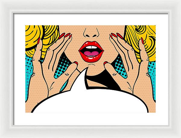 Seksowna, zaskoczona blondynka w stylu pop-art z otwartymi ustami i unoszącymi się rękami, krzycząca „zapowiedź”. Tło wektorowe w stylu komiksowym retro pop-art. Zaproszenie na imprezę. - Oprawiony wydruk.