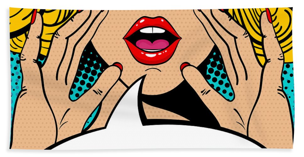 Seksowna, zaskoczona blondynka w stylu pop-art z otwartymi ustami i unoszącymi się rękami, krzycząca „zapowiedź”. Tło wektorowe w stylu komiksowym retro pop-art. Zaproszenie na imprezę. - Ręcznik plażowy