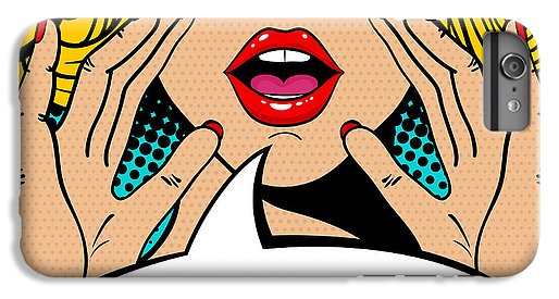 Seksowna, zaskoczona blondynka w stylu pop-art z otwartymi ustami i unoszącymi się rękami, krzycząca „zapowiedź”. Tło wektorowe w stylu komiksowym retro pop-art. Zaproszenie na imprezę. - Etui na telefon