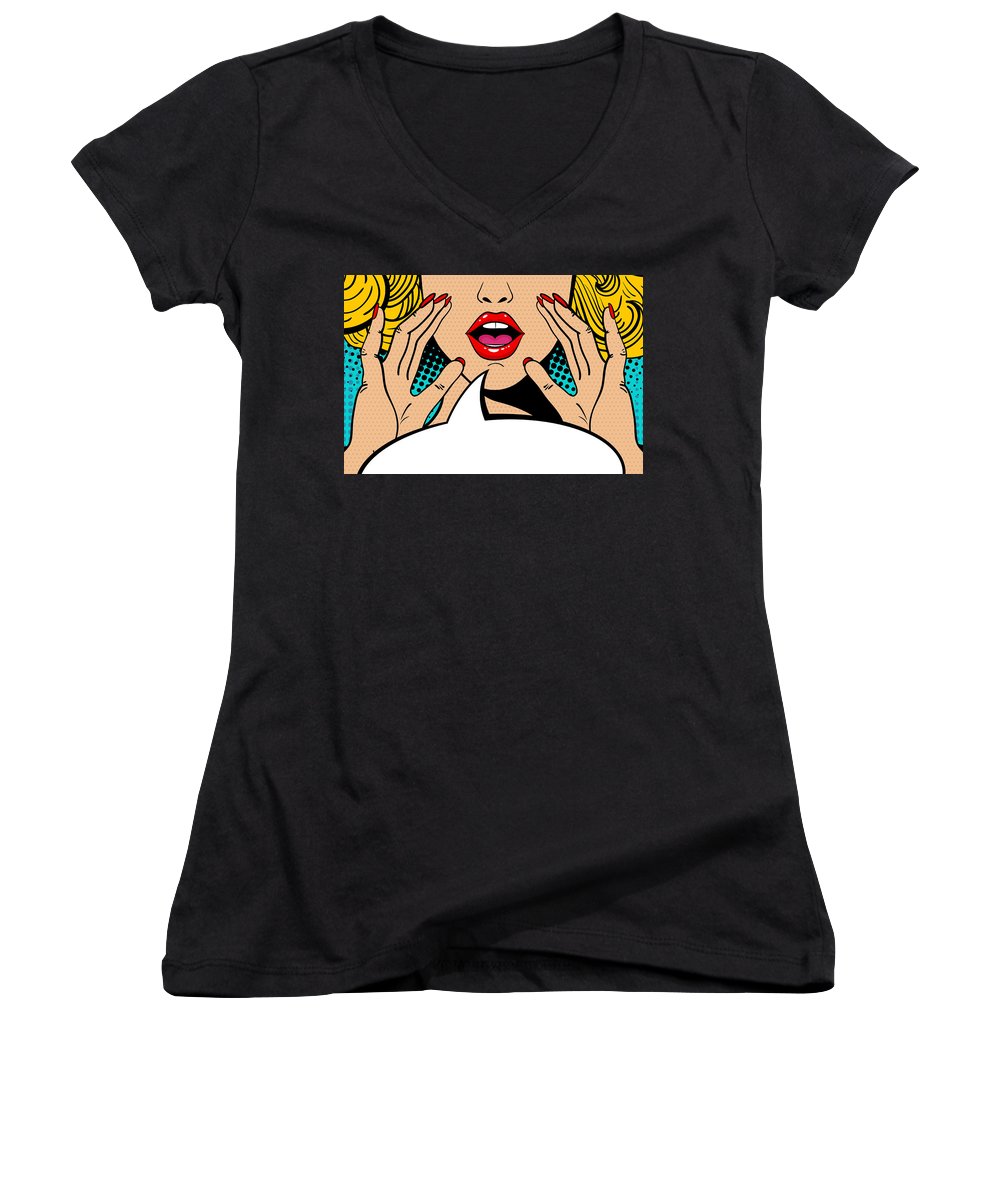 Seksowna, zaskoczona blondynka w stylu pop-art z otwartymi ustami i unoszącymi się rękami, krzycząca „zapowiedź”. Tło wektorowe w stylu komiksowym retro pop-art. Zaproszenie na imprezę. - Damski dekolt w serek.
