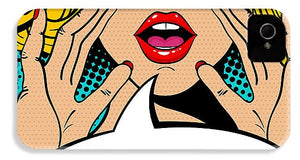 Seksowna, zaskoczona blondynka w stylu pop-art z otwartymi ustami i unoszącymi się rękami, krzycząca „zapowiedź”. Tło wektorowe w stylu komiksowym retro pop-art. Zaproszenie na imprezę. - Etui na telefon
