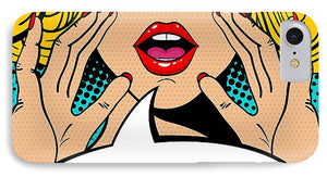 Seksowna, zaskoczona blondynka w stylu pop-art z otwartymi ustami i unoszącymi się rękami, krzycząca „zapowiedź”. Tło wektorowe w stylu komiksowym retro pop-art. Zaproszenie na imprezę. - Etui na telefon