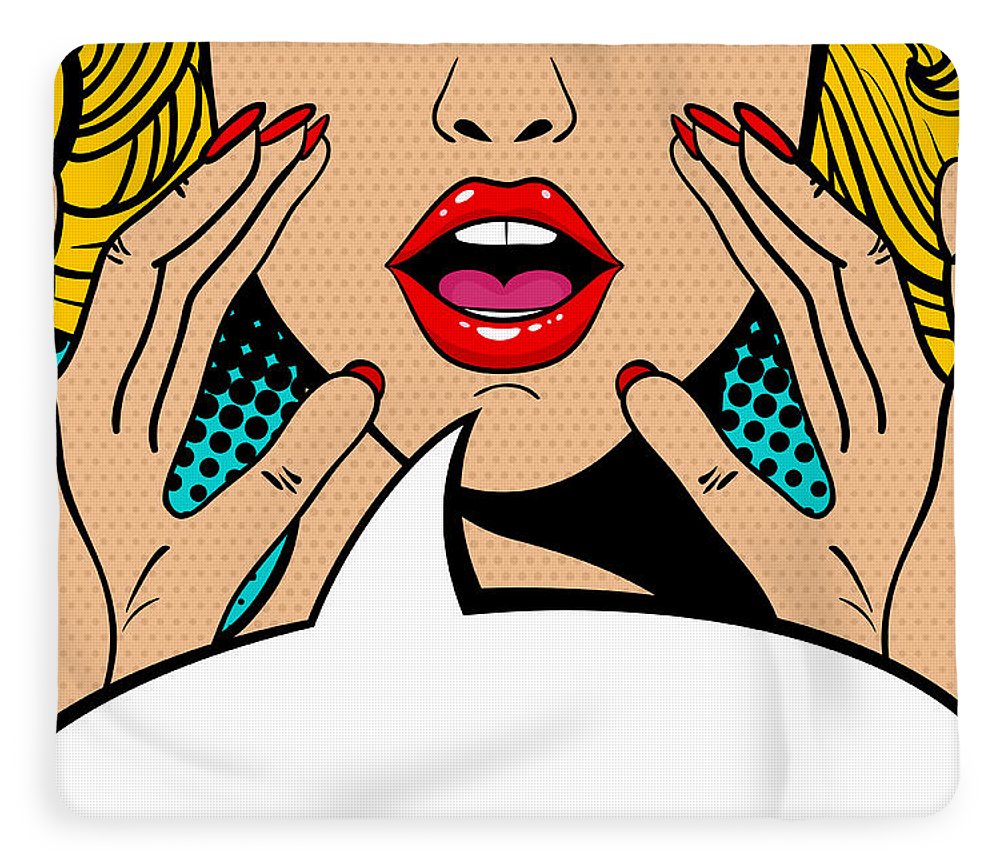 Seksowna, zaskoczona blondynka w stylu pop-art z otwartymi ustami i unoszącymi się rękami, krzycząca „zapowiedź”. Tło wektorowe w stylu komiksowym retro pop-art. Zaproszenie na imprezę. - Koc