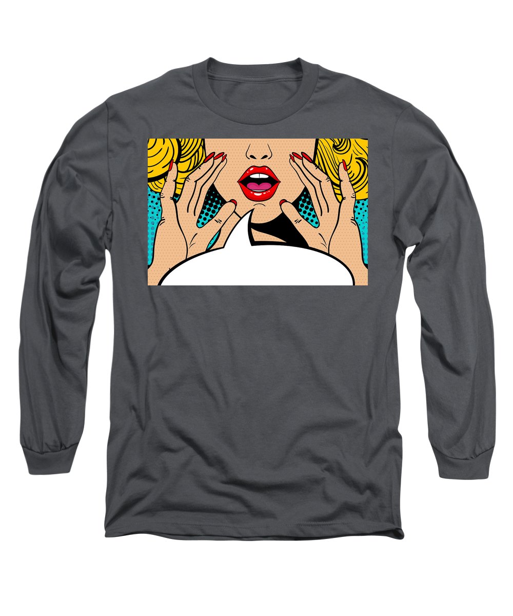 Seksowna, zaskoczona blondynka w stylu pop-art z otwartymi ustami i unoszącymi się rękami, krzycząca „zapowiedź”. Tło wektorowe w stylu komiksowym retro pop-art. Zaproszenie na imprezę. - Koszulka z długim rękawem.