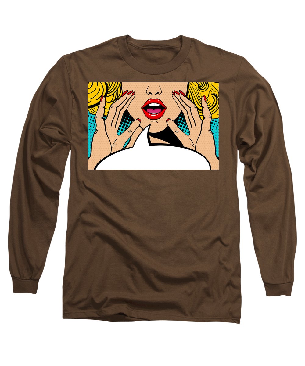 Seksowna, zaskoczona blondynka w stylu pop-art z otwartymi ustami i unoszącymi się rękami, krzycząca „zapowiedź”. Tło wektorowe w stylu komiksowym retro pop-art. Zaproszenie na imprezę. - Koszulka z długim rękawem.