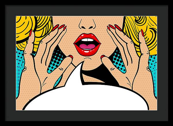Seksowna, zaskoczona blondynka w stylu pop-art z otwartymi ustami i unoszącymi się rękami, krzycząca „zapowiedź”. Tło wektorowe w stylu komiksowym retro pop-art. Zaproszenie na imprezę. - Oprawiony wydruk.