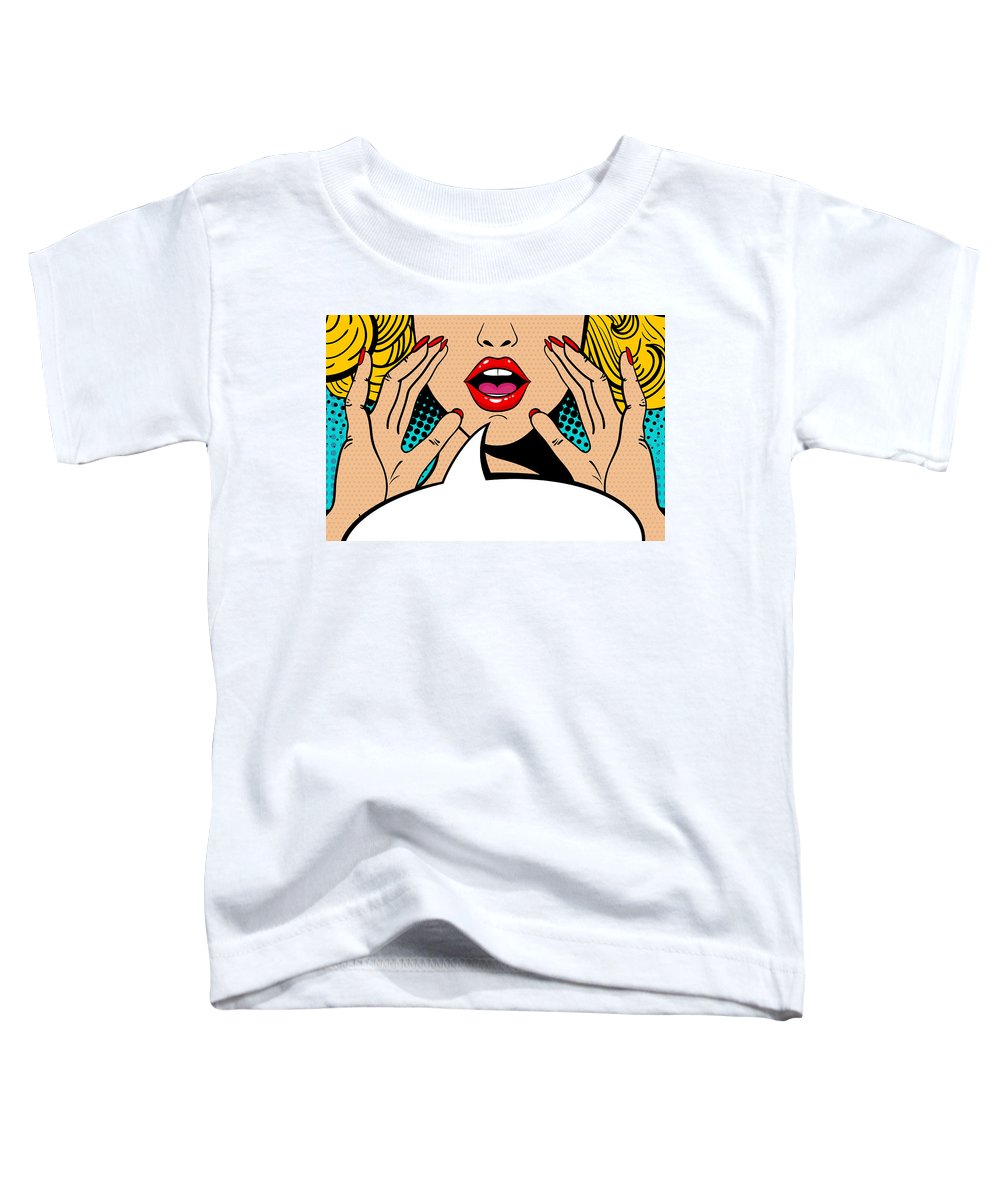 Seksowna, zaskoczona blondynka w stylu pop-art z otwartymi ustami i unoszącymi się rękami, krzycząca „zapowiedź”. Tło wektorowe w stylu komiksowym retro pop-art. Zaproszenie na imprezę. - Koszulka dla malucha.