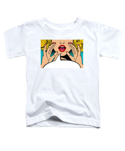 Seksowna, zaskoczona blondynka w stylu pop-art z otwartymi ustami i unoszącymi się rękami, krzycząca „zapowiedź”. Tło wektorowe w stylu komiksowym retro pop-art. Zaproszenie na imprezę. - Koszulka dla malucha.
