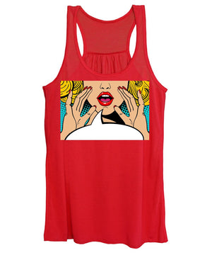 Seksowna, zaskoczona blondynka w stylu pop-art z otwartymi ustami i unoszącymi się rękami, krzycząca „zapowiedź”. Tło wektorowe w stylu komiksowym retro pop-art. Zaproszenie na imprezę. - Damski top bez rękawów.