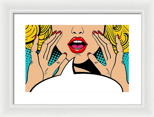 Seksowna, zaskoczona blondynka w stylu pop-art z otwartymi ustami i unoszącymi się rękami, krzycząca „zapowiedź”. Tło wektorowe w stylu komiksowym retro pop-art. Zaproszenie na imprezę. - Oprawiony wydruk.