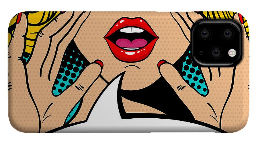 Seksowna, zaskoczona blondynka w stylu pop-art z otwartymi ustami i unoszącymi się rękami, krzycząca „zapowiedź”. Tło wektorowe w stylu komiksowym retro pop-art. Zaproszenie na imprezę. - Etui na telefon
