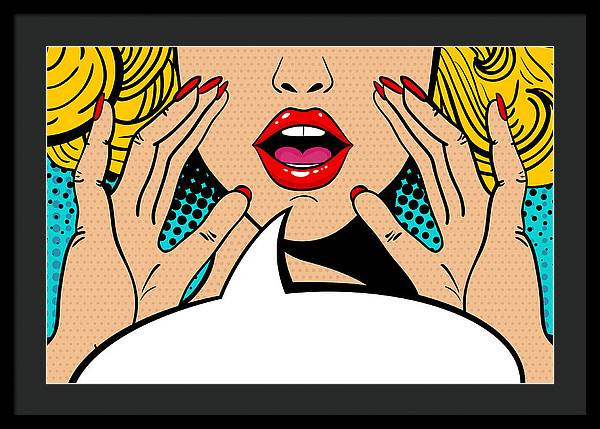 Seksowna, zaskoczona blondynka w stylu pop-art z otwartymi ustami i unoszącymi się rękami, krzycząca „zapowiedź”. Tło wektorowe w stylu komiksowym retro pop-art. Zaproszenie na imprezę. - Oprawiony wydruk.