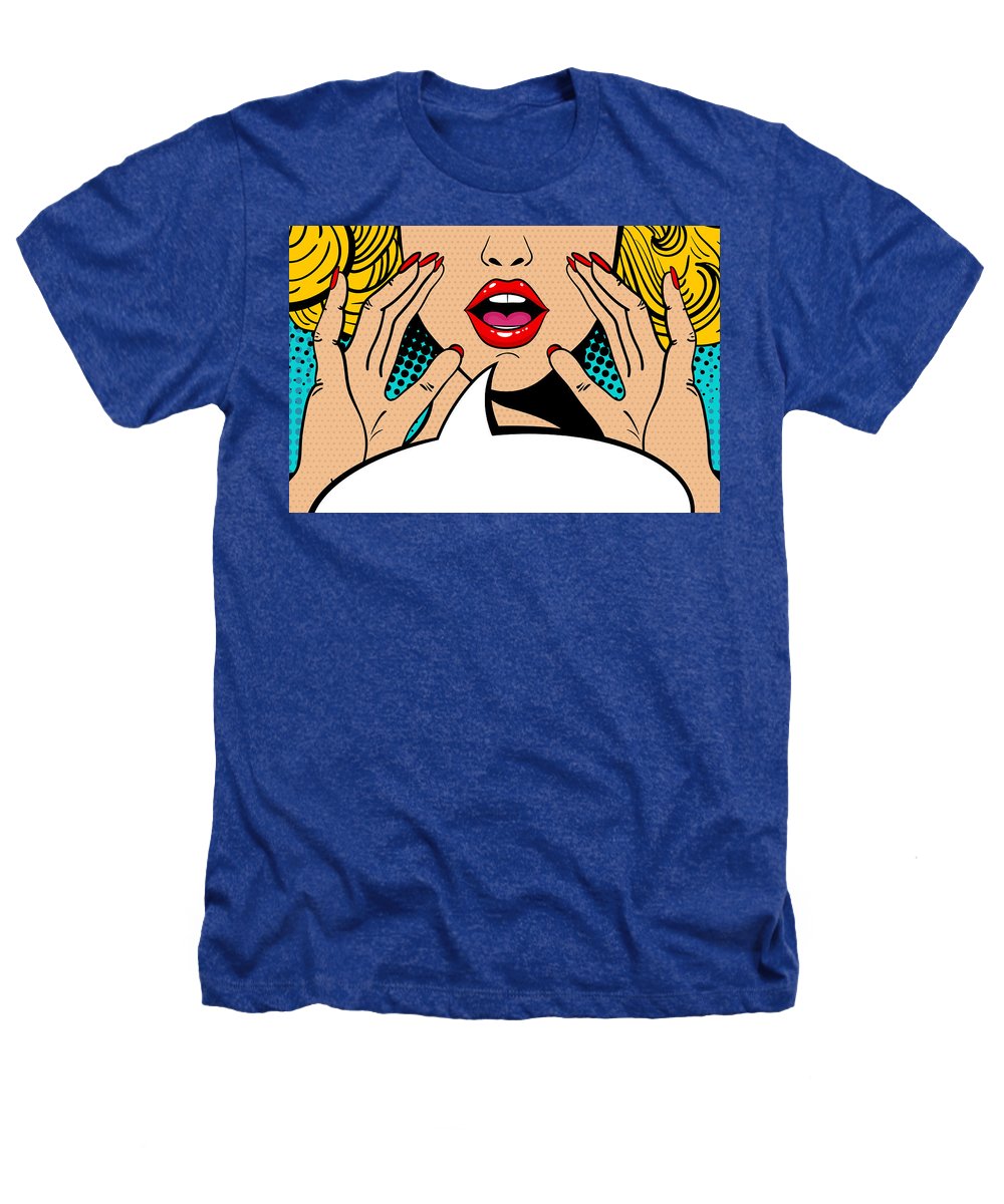 Seksowna, zaskoczona blondynka w stylu pop-art z otwartymi ustami i unoszącymi się rękami, krzycząca „zapowiedź”. Tło wektorowe w stylu komiksowym retro pop-art. Zaproszenie na imprezę. - Koszulka Heathers