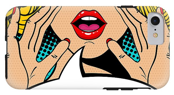 Seksowna, zaskoczona blondynka w stylu pop-art z otwartymi ustami i unoszącymi się rękami, krzycząca „zapowiedź”. Tło wektorowe w stylu komiksowym retro pop-art. Zaproszenie na imprezę. - Etui na telefon