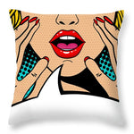 Seksowna, zaskoczona blondynka w stylu pop-art z otwartymi ustami i unoszącymi się rękami, krzycząca „zapowiedź”. Tło wektorowe w stylu komiksowym retro pop-art. Zaproszenie na imprezę. - Poduszka