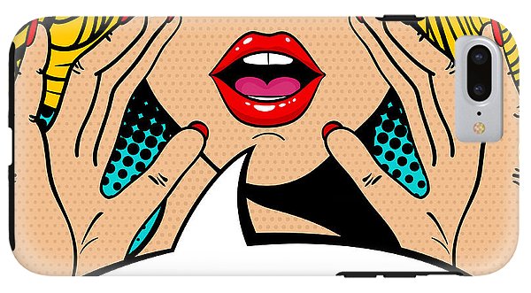 Seksowna, zaskoczona blondynka w stylu pop-art z otwartymi ustami i unoszącymi się rękami, krzycząca „zapowiedź”. Tło wektorowe w stylu komiksowym retro pop-art. Zaproszenie na imprezę. - Etui na telefon