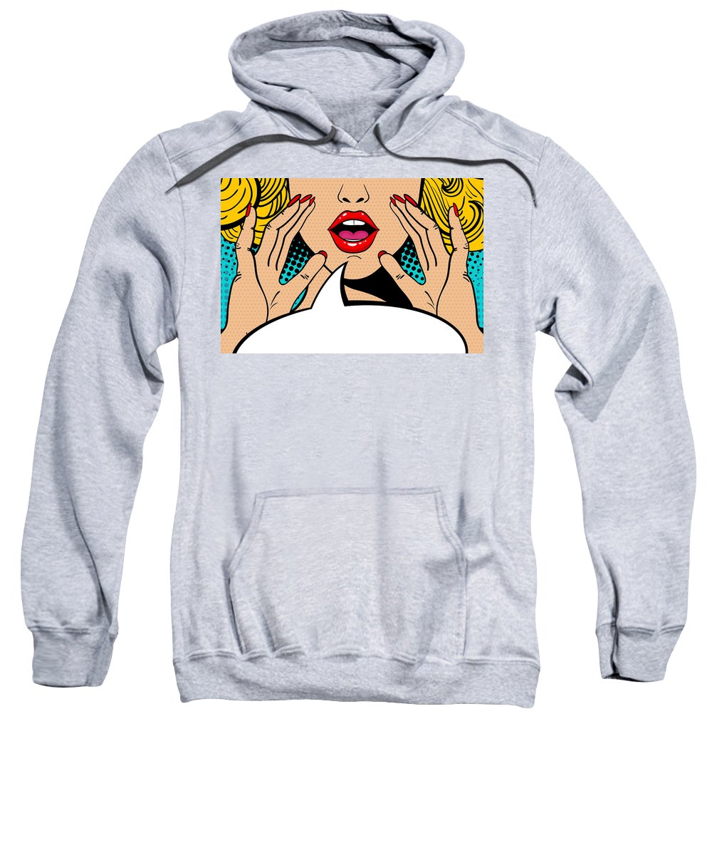 Seksowna, zaskoczona blondynka w stylu pop-art z otwartymi ustami i unoszącymi się rękami, krzycząca „zapowiedź”. Tło wektorowe w stylu komiksowym retro pop-art. Zaproszenie na imprezę. - Bluza.