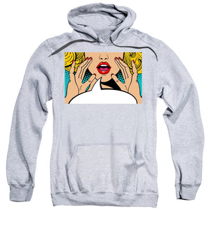 Seksowna, zaskoczona blondynka w stylu pop-art z otwartymi ustami i unoszącymi się rękami, krzycząca „zapowiedź”. Tło wektorowe w stylu komiksowym retro pop-art. Zaproszenie na imprezę. - Bluza.