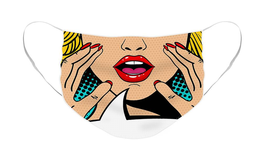 Seksowna, zaskoczona blondynka w stylu pop-art z otwartymi ustami i unoszącymi się rękami, krzycząca „zapowiedź”. Tło wektorowe w stylu komiksowym retro pop-art. Zaproszenie na imprezę. - Maska na twarz